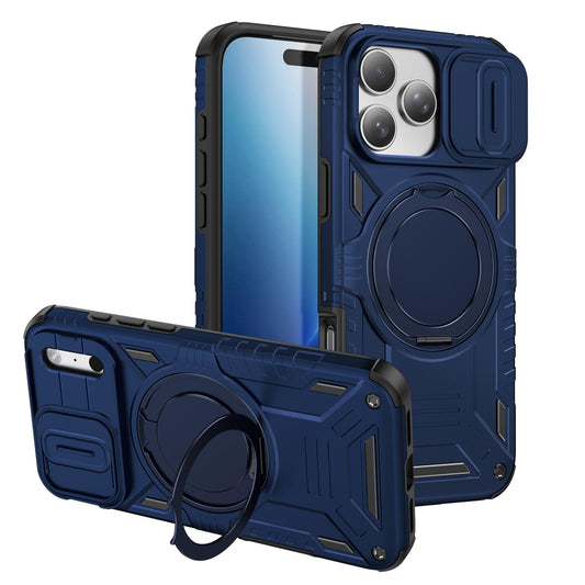 Compatible with iPhone 18 Pro Max Sliding Camshield Magnetic Rotation Holder Phone Case - Dark Blue