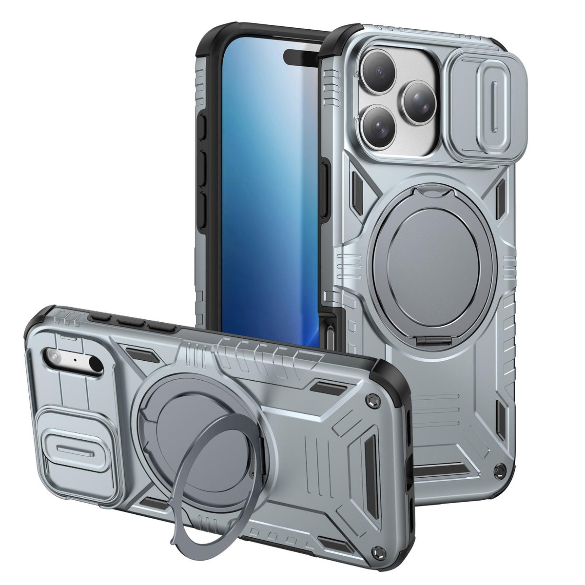 Compatible with iPhone 18 Pro Max Sliding Camshield Magnetic Rotation Holder Phone Case - Silver