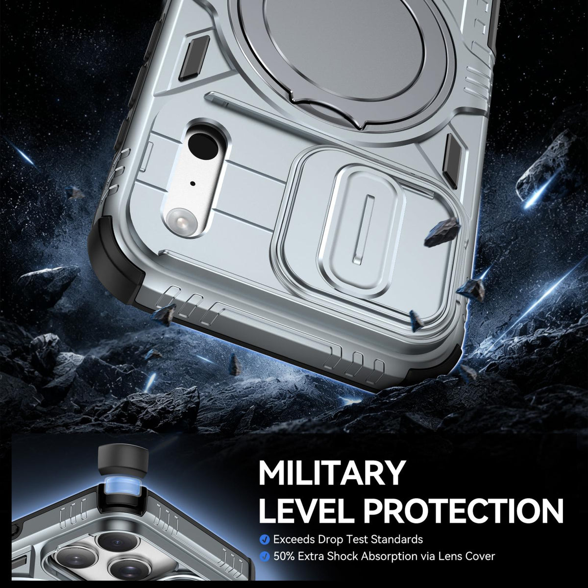 Compatible with iPhone 18 Pro Max Sliding Camshield Magnetic Rotation Holder Phone Case - Light Blue