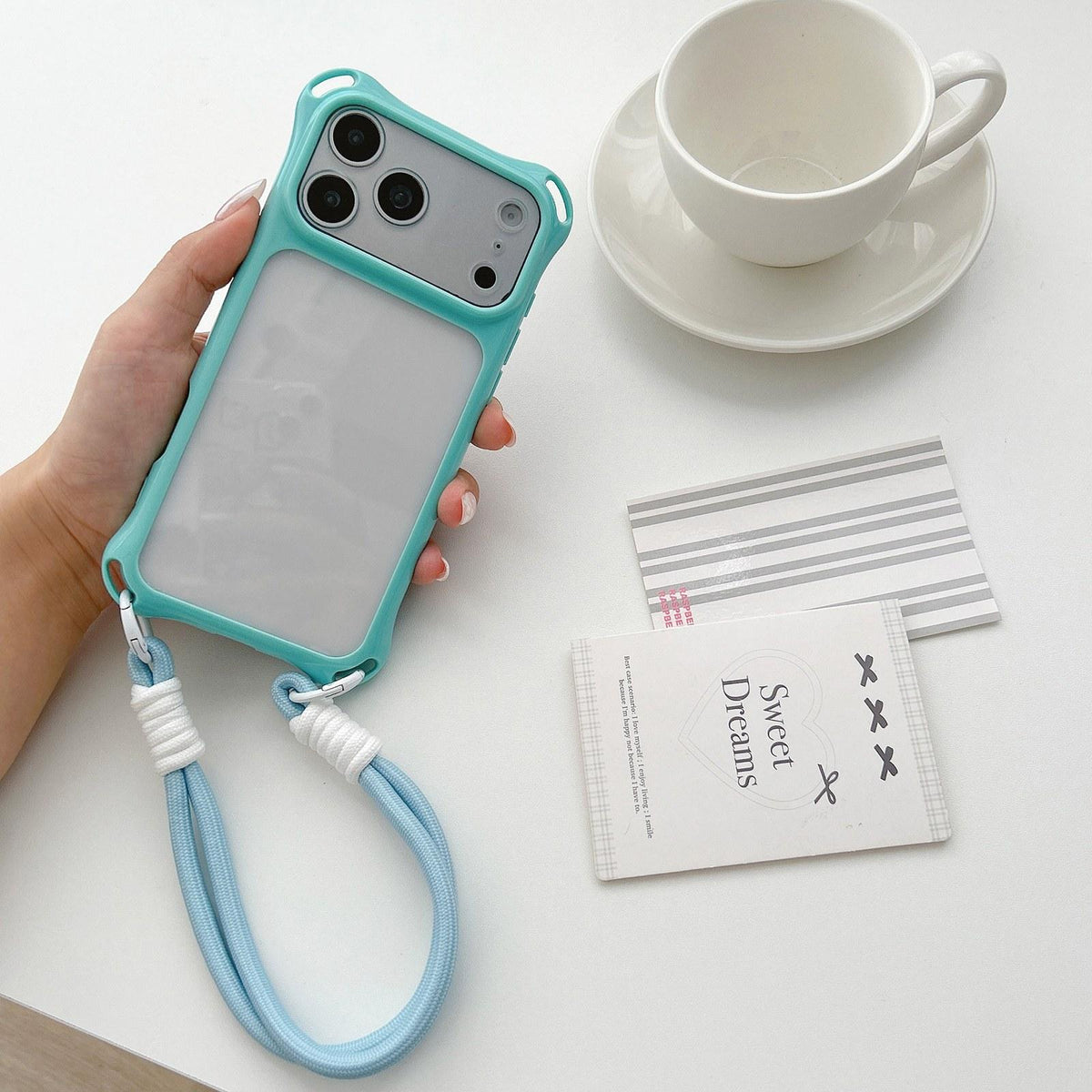 Compatible with iPhone 18 Pro Max Four-corners Lanyard Holes Acrylic Dual-Layer TPU Phone Case with Hand Strap - Lake Blue