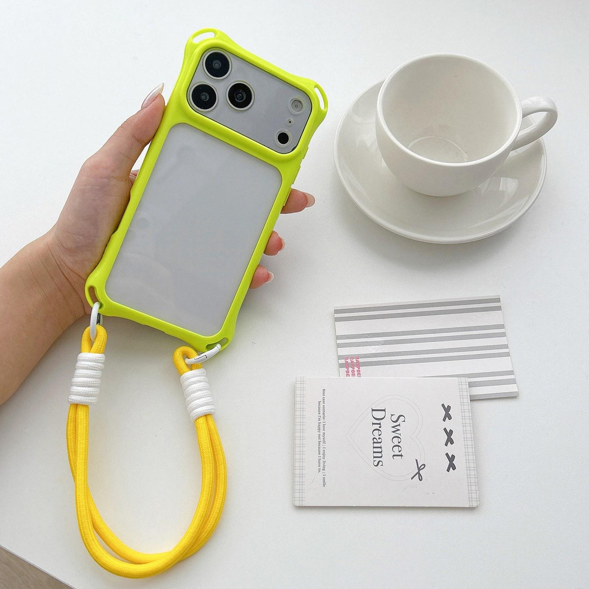 Compatible with iPhone 18 Pro Max Four-corners Lanyard Holes Acrylic Dual-Layer TPU Phone Case with Hand Strap - Lemon Green