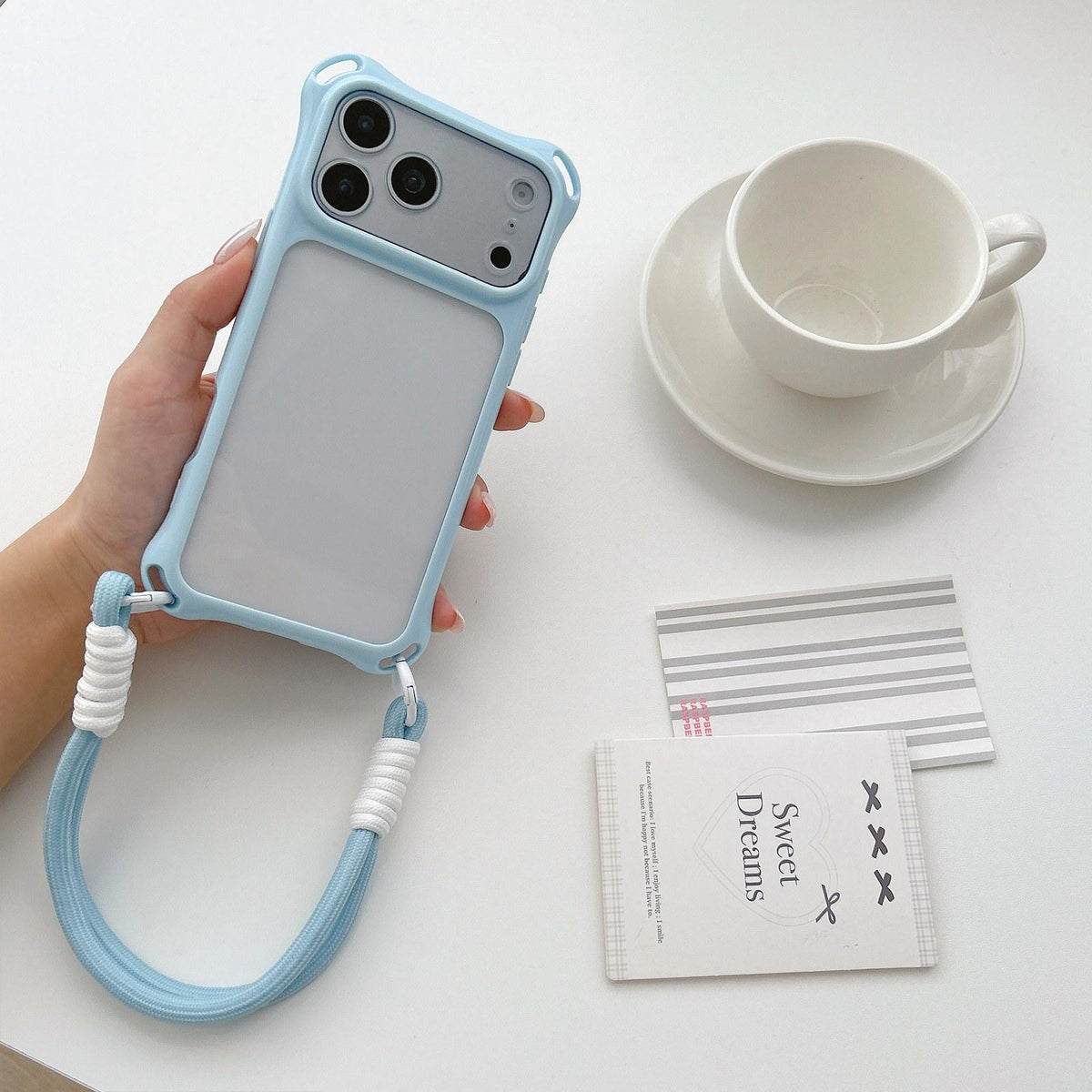 Compatible with iPhone 18 Pro Max Four-corners Lanyard Holes Acrylic Dual-Layer TPU Phone Case with Hand Strap - Light Blue