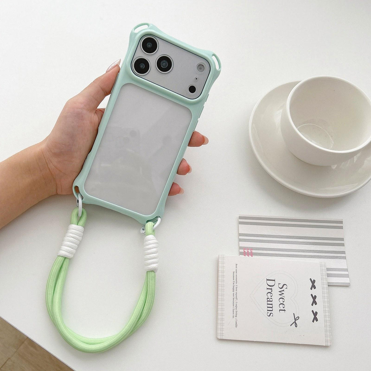 Compatible with iPhone 18 Pro Max Four-corners Lanyard Holes Acrylic Dual-Layer TPU Phone Case with Hand Strap - Light Green