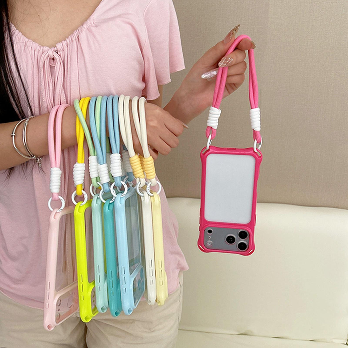 Compatible with iPhone 18 Pro Max Four-corners Lanyard Holes Acrylic Dual-Layer TPU Phone Case with Hand Strap - Light Green