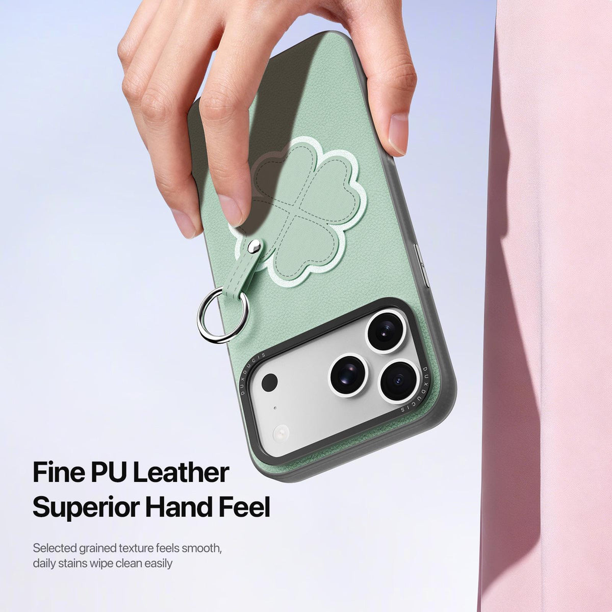 Compatible with iPhone 18 Pro Max & 17 Pro Max DUX DUCIS LUVY Series Ring Phone Case with Lanyard - Grass Green Clover