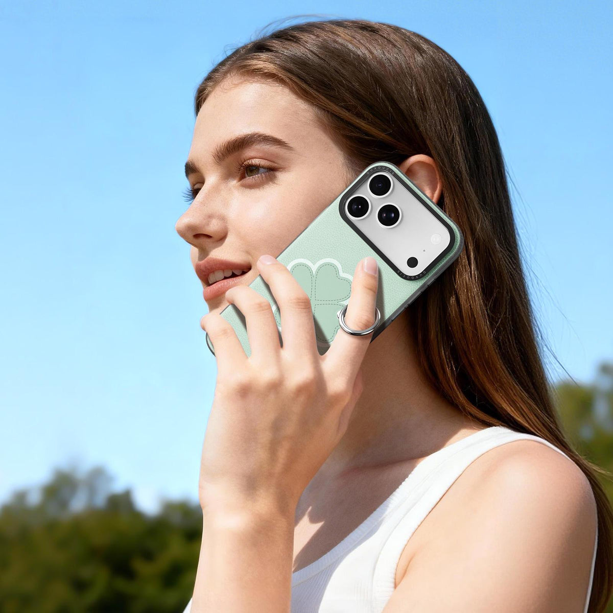 Compatible with iPhone 18 Pro Max & 17 Pro Max DUX DUCIS LUVY Series Ring Phone Case with Lanyard - Grass Green Clover