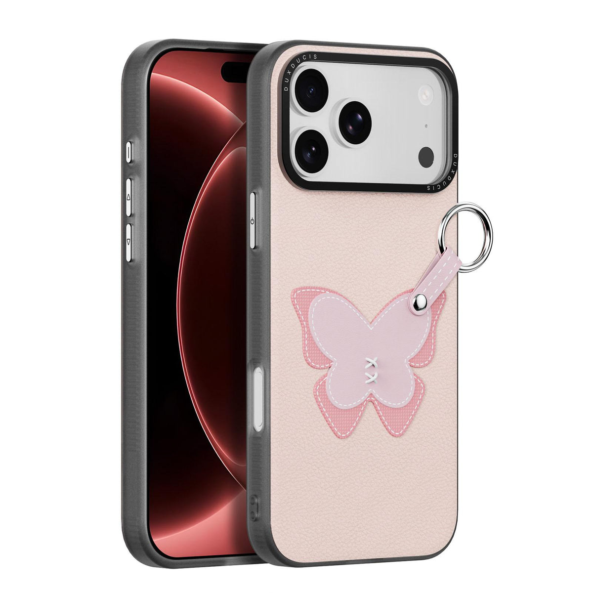 Compatible with iPhone 18 Pro Max & 17 Pro Max DUX DUCIS LUVY Series Ring Phone Case with Lanyard - Light Pink Butterfly