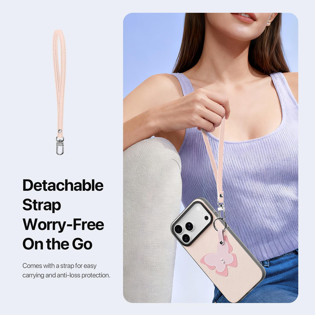 Compatible with iPhone 18 Pro Max & 17 Pro Max DUX DUCIS LUVY Series Ring Phone Case with Lanyard - Light Pink Butterfly