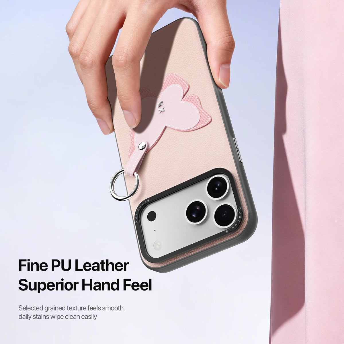 Compatible with iPhone 18 Pro Max & 17 Pro Max DUX DUCIS LUVY Series Ring Phone Case with Lanyard - Light Pink Butterfly