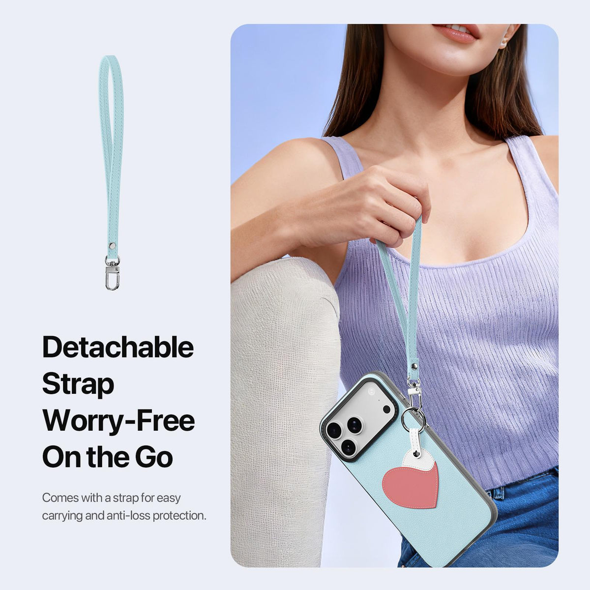 Compatible with iPhone 18 Pro Max & 17 Pro Max DUX DUCIS LUVY Series Ring Phone Case with Lanyard - Sky Blue Heart