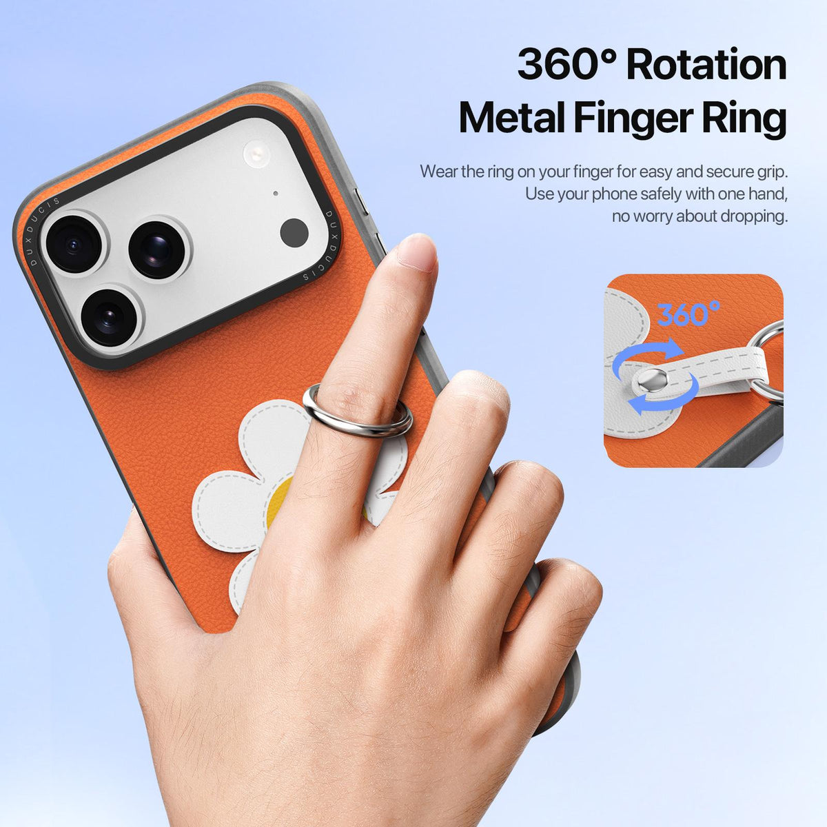 Compatible with iPhone 18 Pro Max & 17 Pro Max DUX DUCIS LUVY Series Ring Phone Case with Lanyard - Warm Orange Daisy