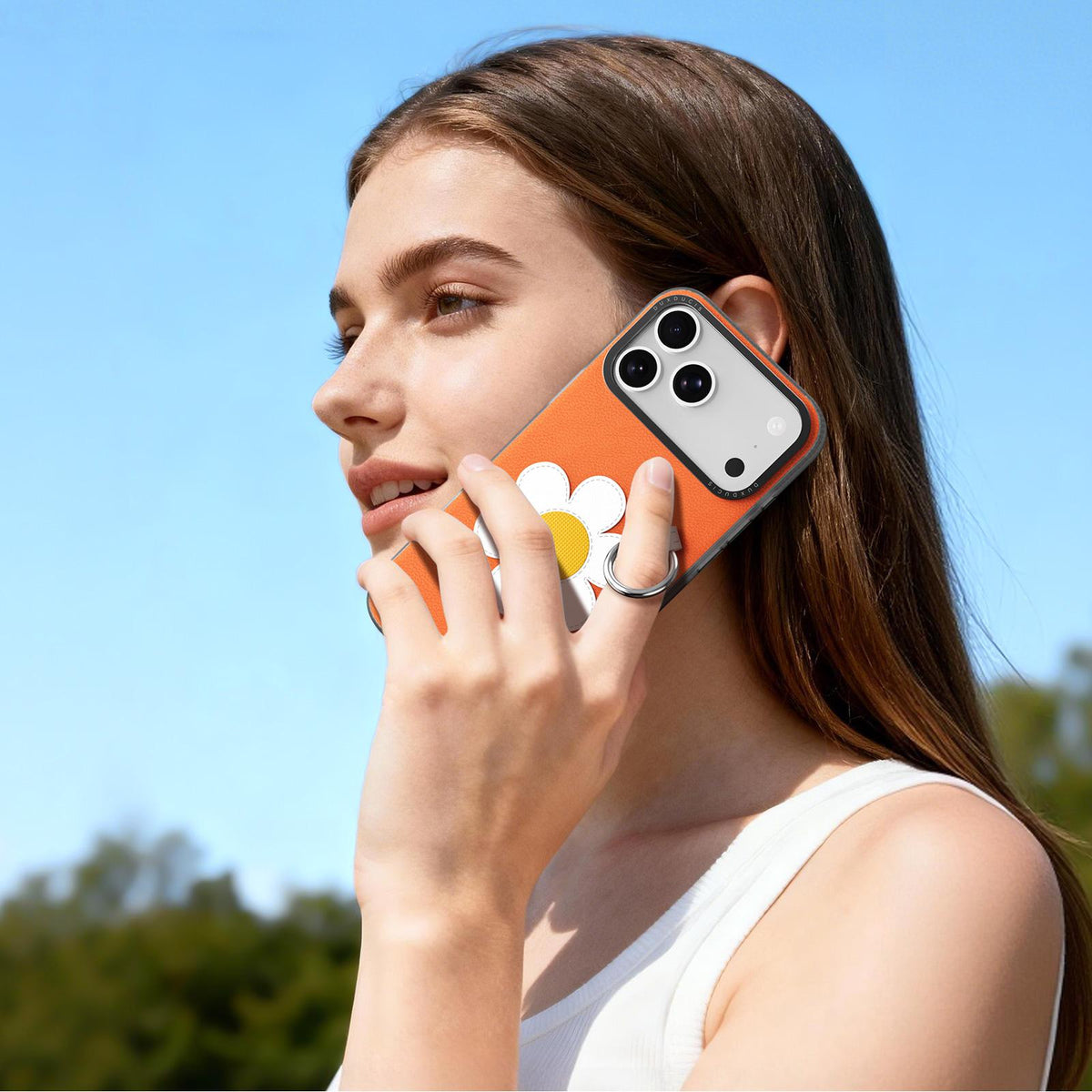 Compatible with iPhone 18 Pro Max & 17 Pro Max DUX DUCIS LUVY Series Ring Phone Case with Lanyard - Warm Orange Daisy