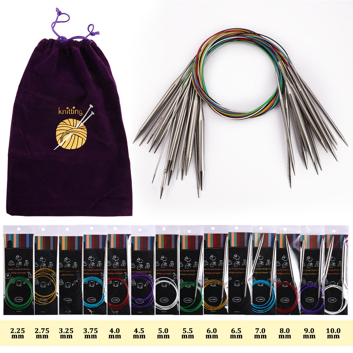 80cm Circular Knitting Needle Set of 8 Sizes (2.25mm–5.0mm)