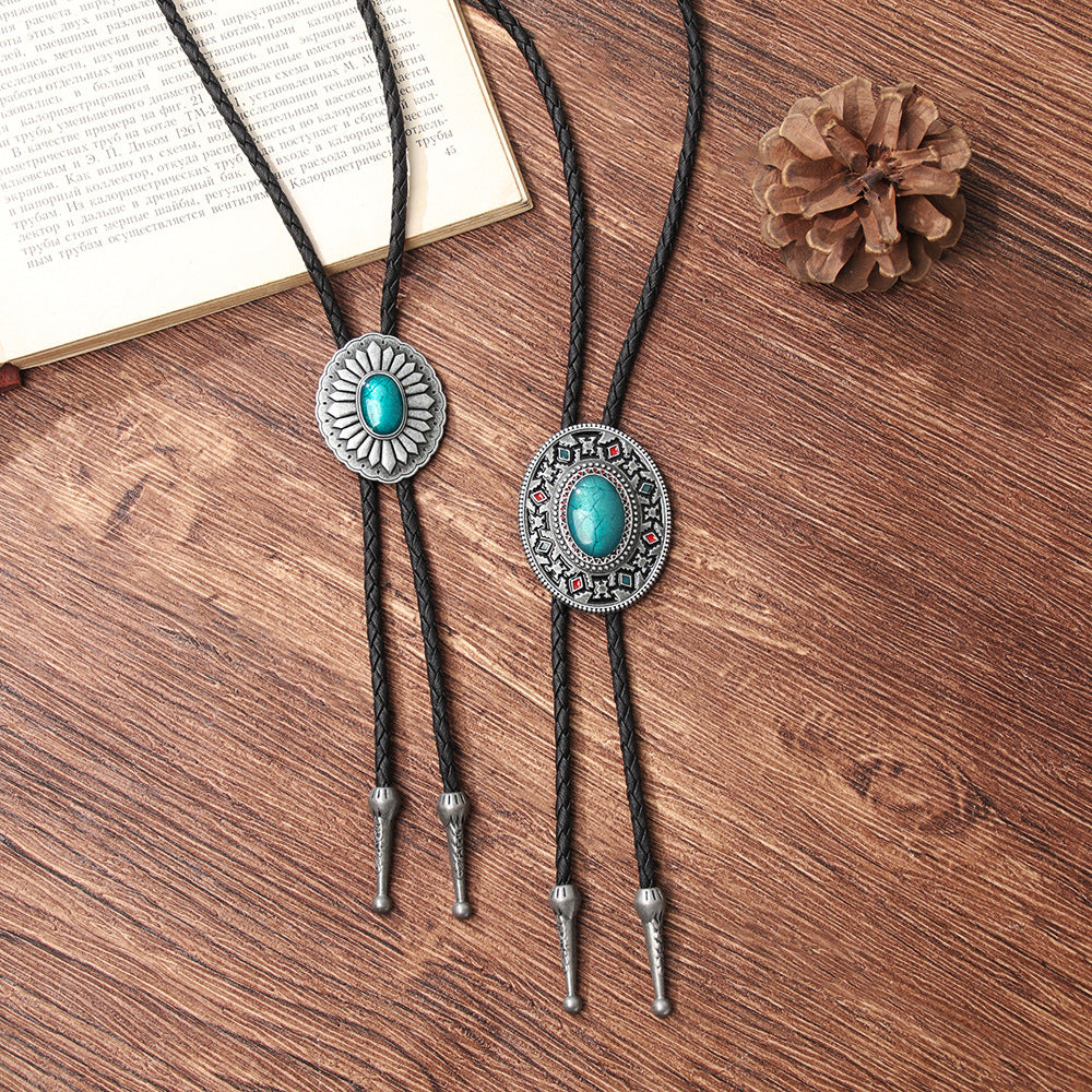 Turquoise Stone Bolo Tie Native Western American Cowboy Neckties for Men