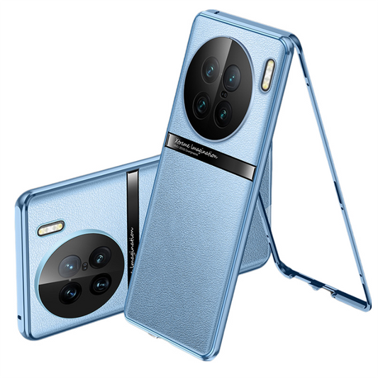 For Vivo X90 Anti-Fall Full Cover Double-Sided Glass Metal Plain Leather Protective Cover (Ice Blue)