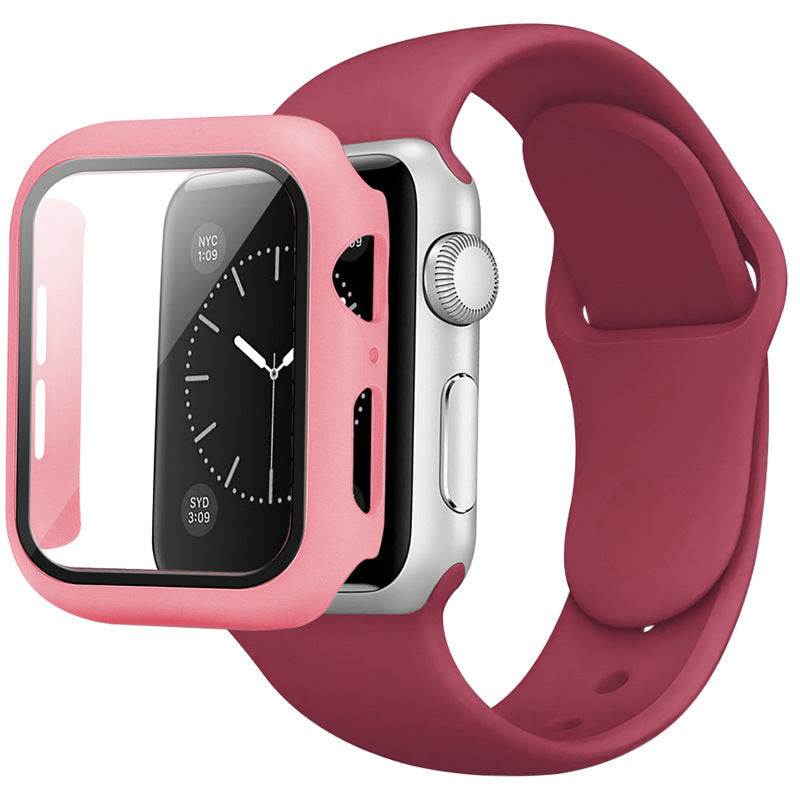 For Apple Watch SE (2022) 40mm / SE 40mm / 6 / 5 / 4 40mm Silicone Watch Strap + PC Watch Case with Tempered Glass Screen Protector Shockproof Protective Cover - Wine Red