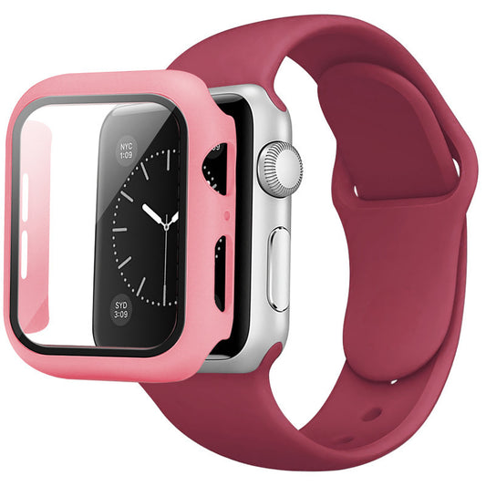 For Apple Watch SE (2022) 40mm / SE 40mm / 6 / 5 / 4 40mm Silicone Watch Strap + PC Watch Case with Tempered Glass Screen Protector Shockproof Protective Cover - Wine Red