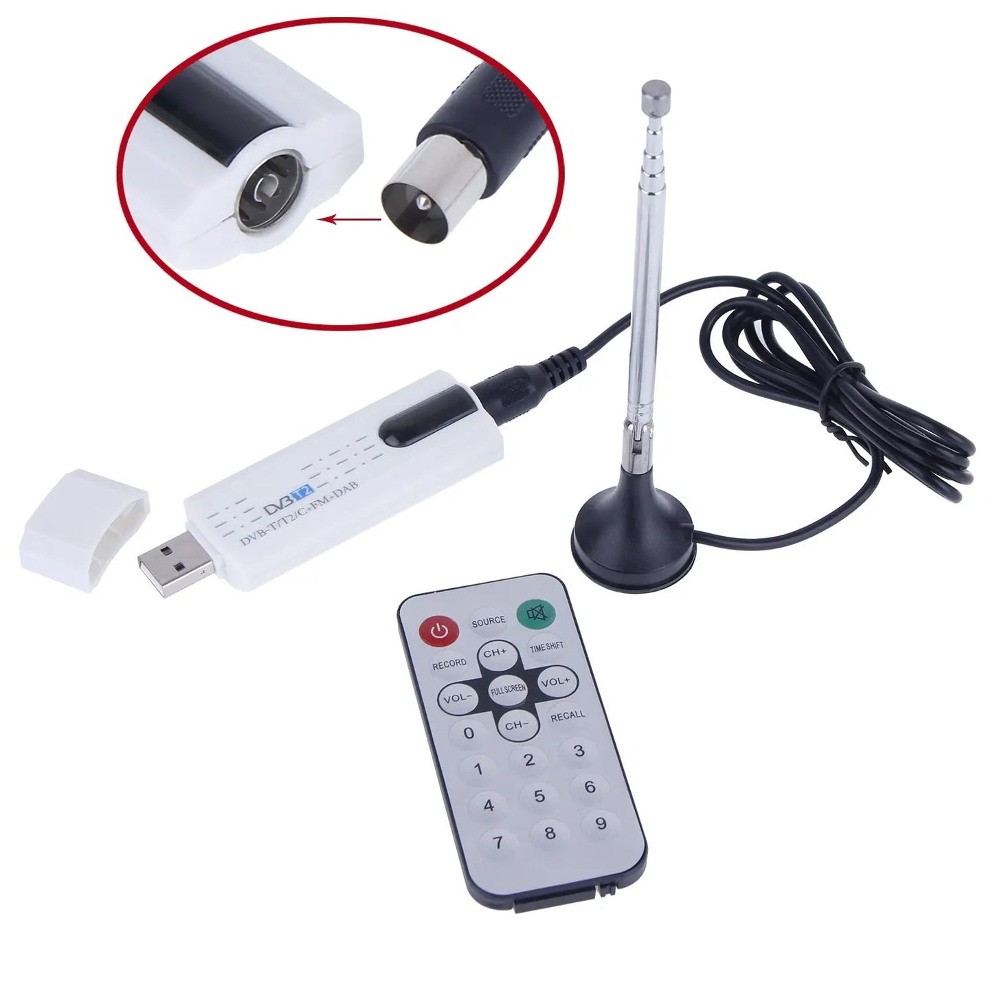 USB 2.0 DVB-T2/T/C TV Stick FM DAB TV Tuner Antenna Receiver Remote