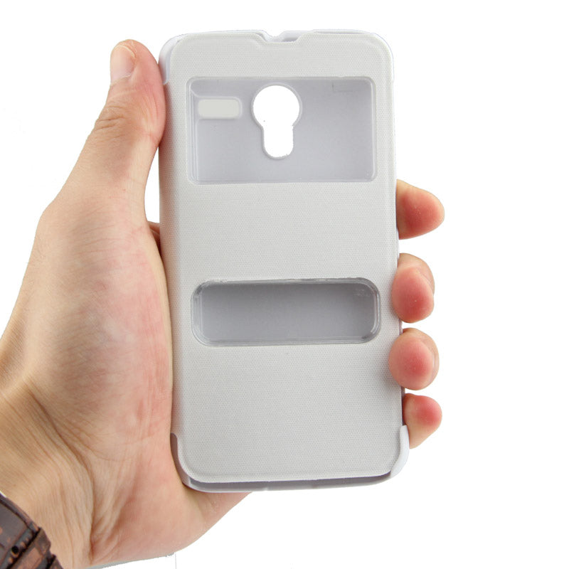 for Moto X Horizontal Flip Leather Case + Plastic  Back Cover with Call Display ID (White)