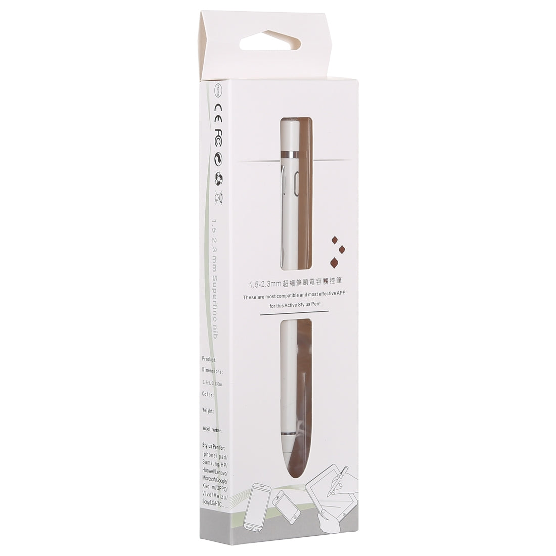1.5-2.3mm Rechargeable Capacitive Touch Screen Active Stylus Pen(White)