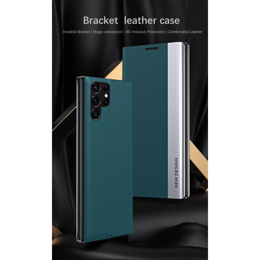For Samsung Galaxy S23 Ultra Electroplating PU Leather Phone Stand Cover Auto Adsorption Anti-drop Case - Green