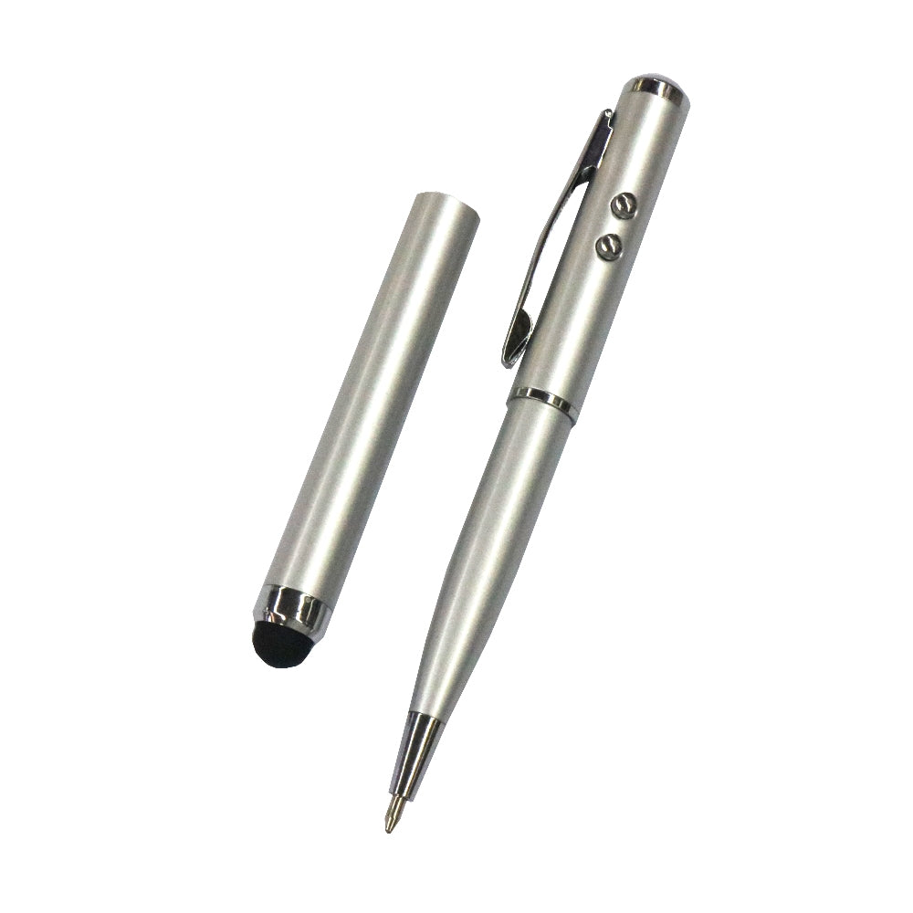 At-16 4 in 1 Mobile Phone Tablet Universal Handwriting Touch Screen Pen with Common Writing Pen & Red Laser & LED Light Function(Silver)