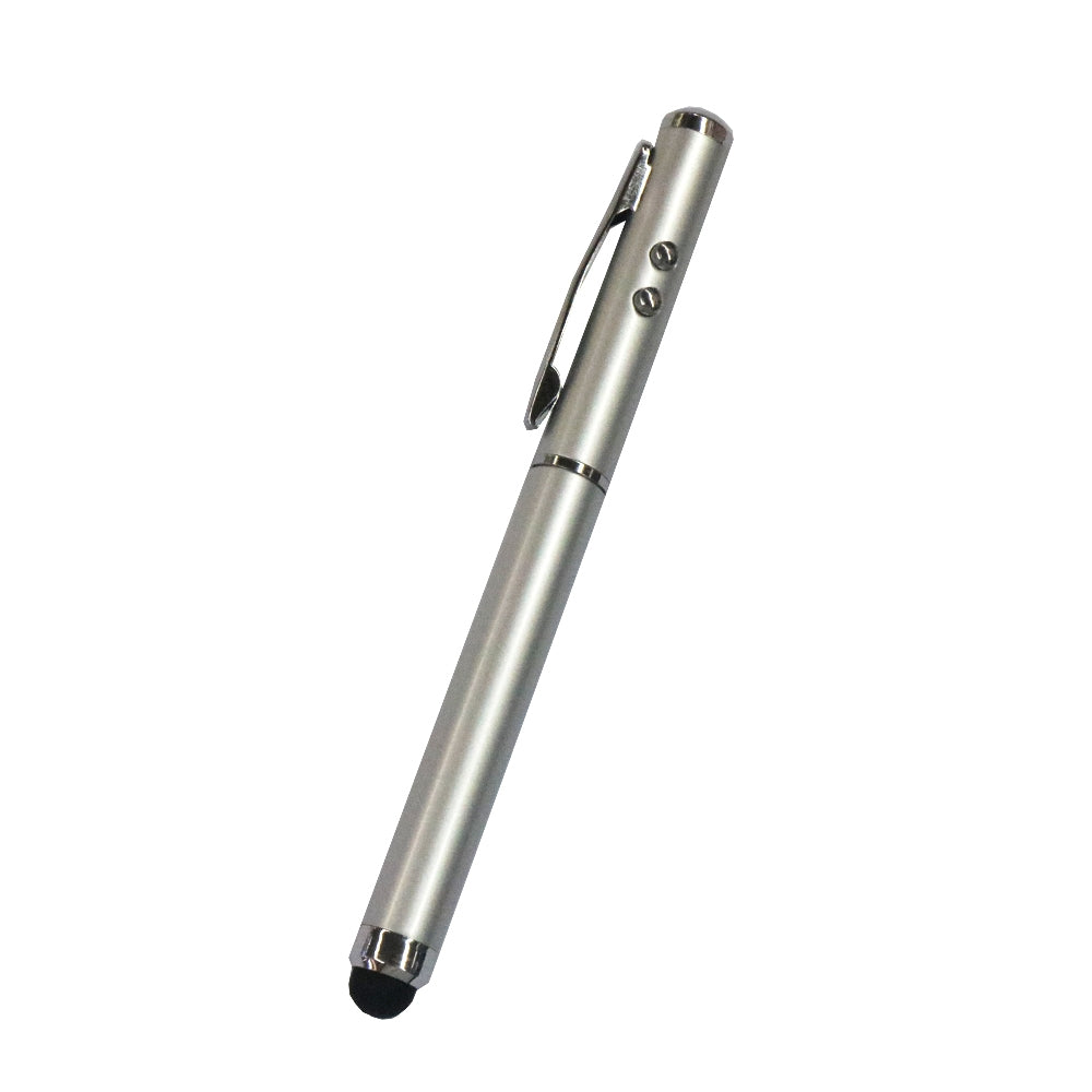 At-16 4 in 1 Mobile Phone Tablet Universal Handwriting Touch Screen Pen with Common Writing Pen & Red Laser & LED Light Function(Silver)