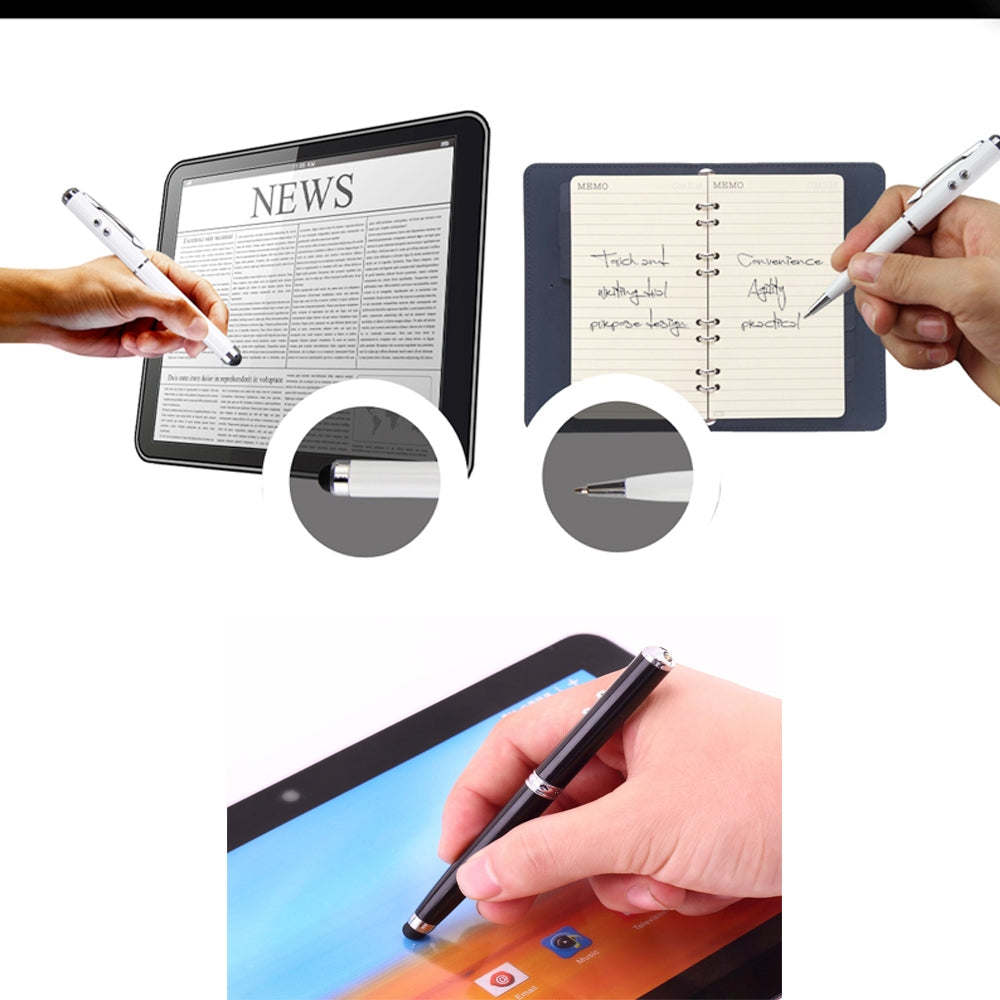 At-16 4 in 1 Mobile Phone Tablet Universal Handwriting Touch Screen Pen with Common Writing Pen & Red Laser & LED Light Function(Silver)