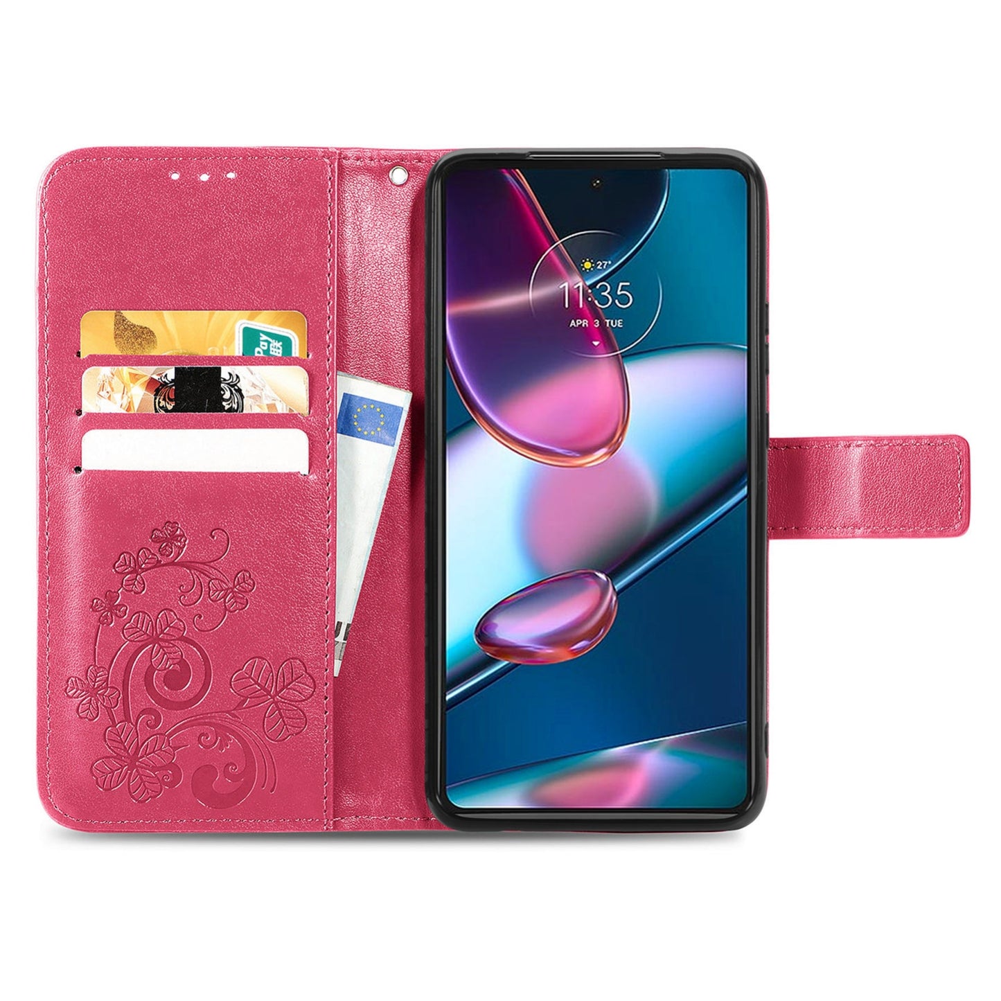 For Motorola Edge 30 Pro Four-leaf Clasp Embossed Buckle Leather Phone Case(Rose Red)