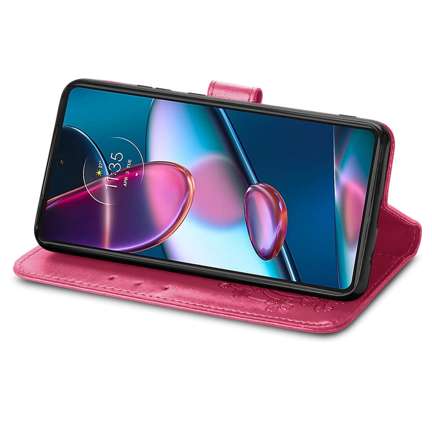 For Motorola Edge 30 Pro Four-leaf Clasp Embossed Buckle Leather Phone Case(Rose Red)
