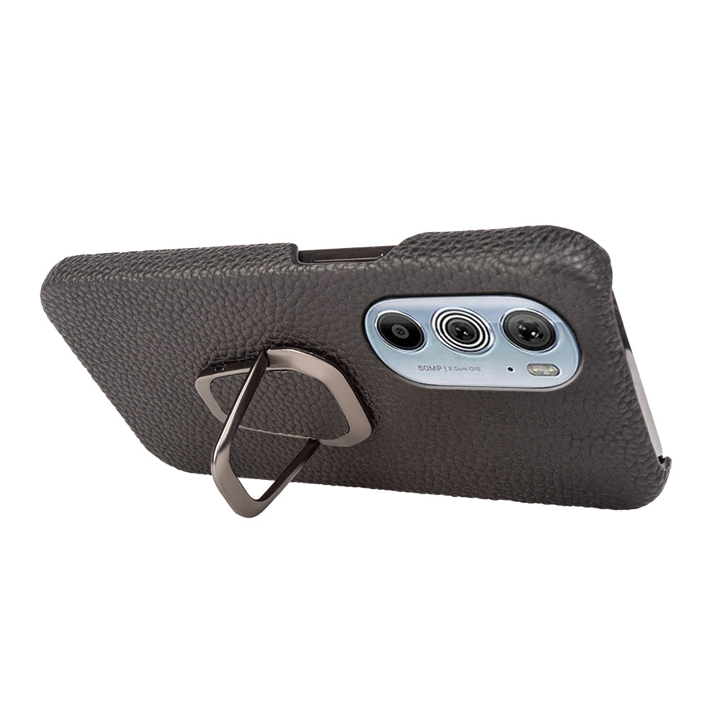 For Motorola Moto Edge 30 Pro Ring Holder Litchi Texture Genuine Leather Phone Case(Black)