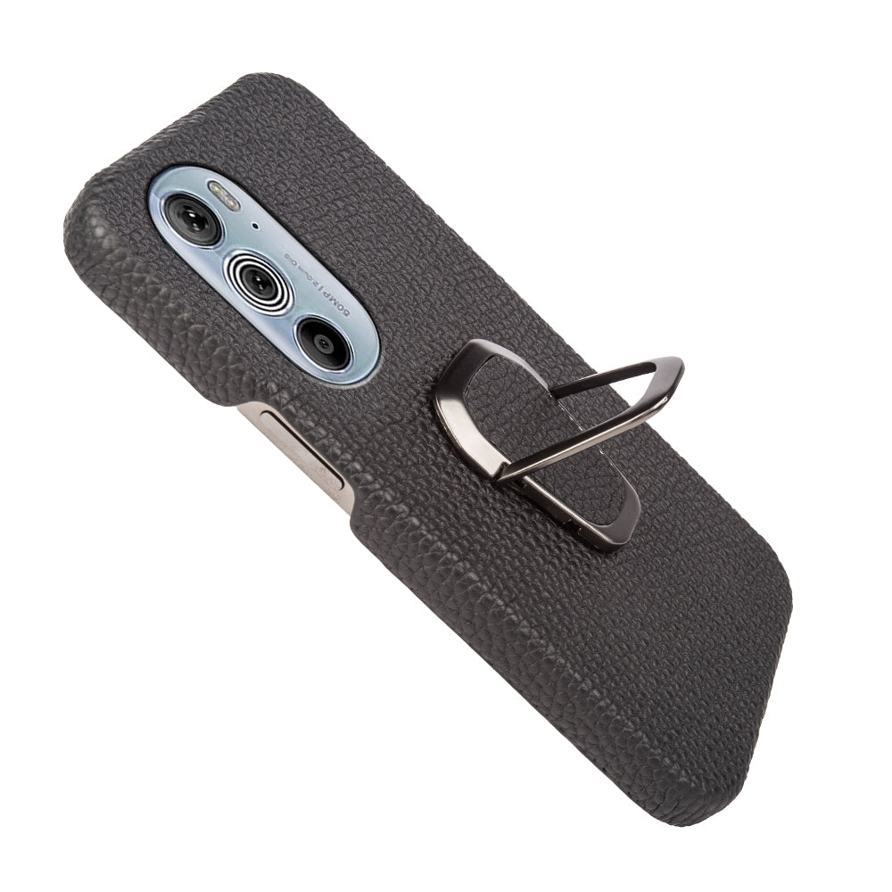For Motorola Moto Edge 30 Pro Ring Holder Litchi Texture Genuine Leather Phone Case(Black)