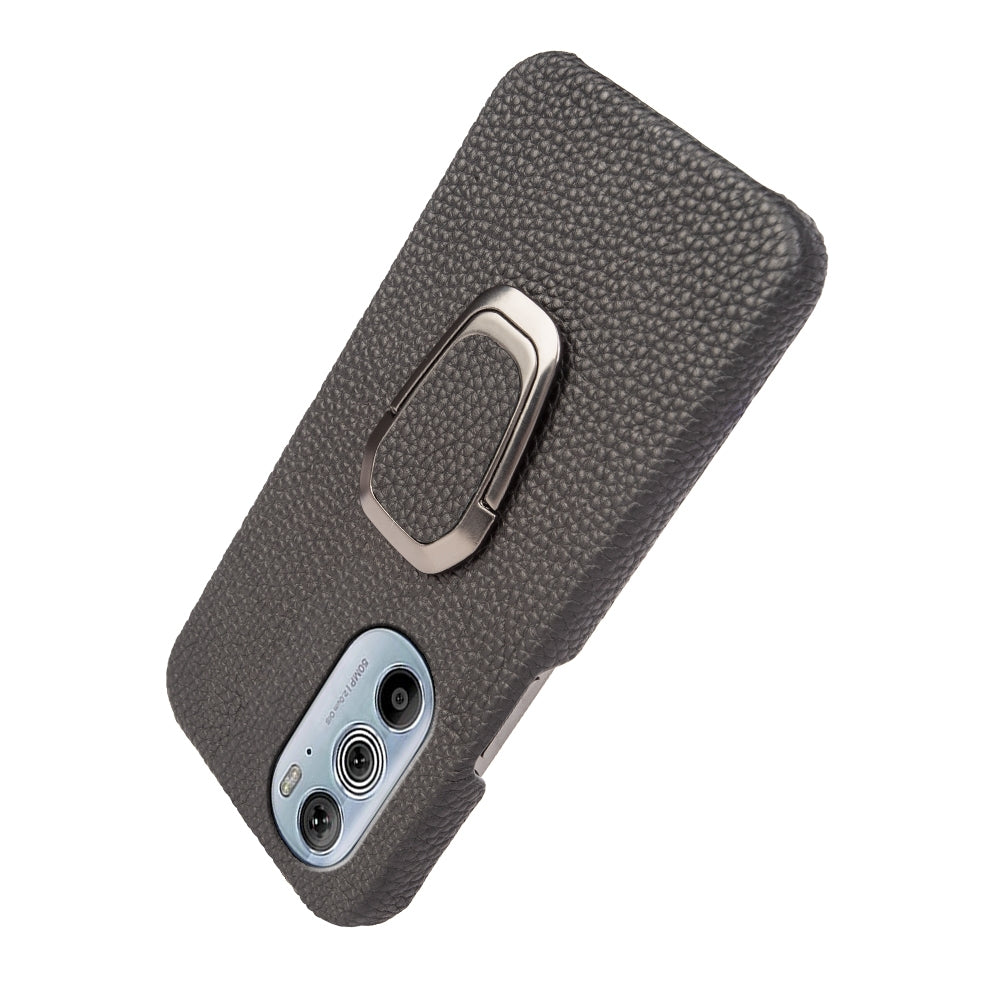 For Motorola Moto Edge 30 Pro Ring Holder Litchi Texture Genuine Leather Phone Case(Black)