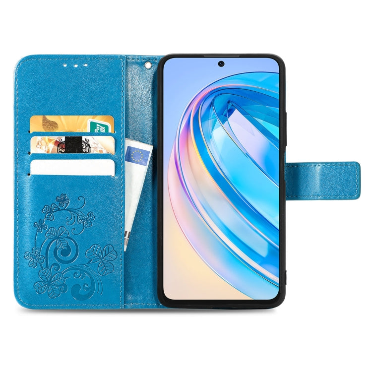 For Honor X6A Four-leaf Clasp Embossed Leather Phone Case(Blue)