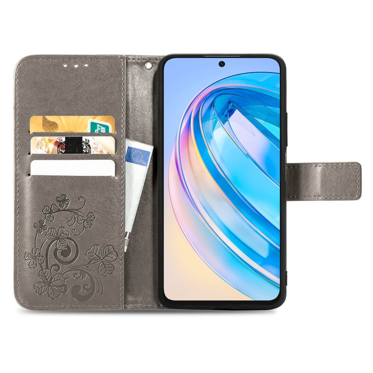 For Honor X6A Four-leaf Clasp Embossed Leather Phone Case(Gray)