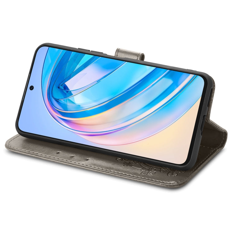 For Honor X6A Four-leaf Clasp Embossed Leather Phone Case(Gray)