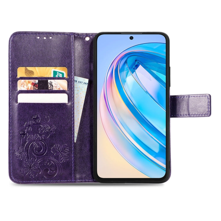 For Honor X6A Four-leaf Clasp Embossed Leather Phone Case(Purple)