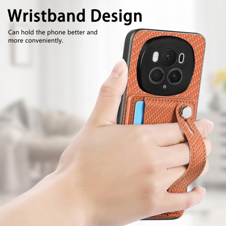 For Honor Magic6 Pro 5G Wristband Kickstand Card Wallet Back Cover Phone Case with Tool Knife(Brown)