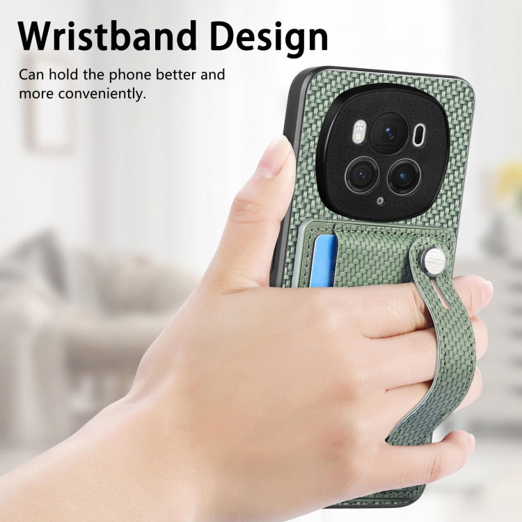 For Honor Magic6 Pro 5G Wristband Kickstand Card Wallet Back Cover Phone Case with Tool Knife(Green)