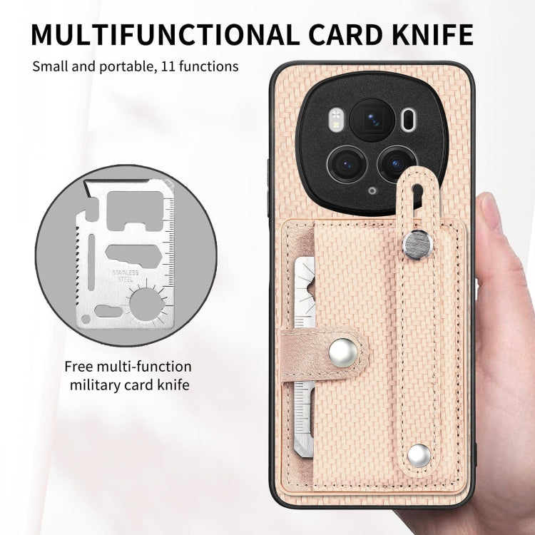 For Honor Magic6 Pro 5G Wristband Kickstand Card Wallet Back Cover Phone Case with Tool Knife(Khaki)