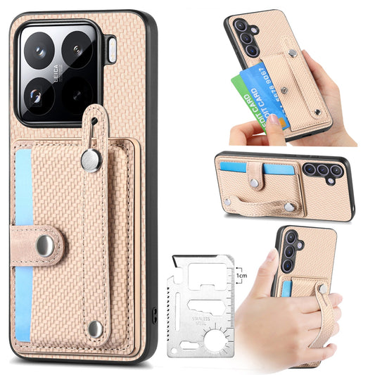For Xiaomi 15 Wristband Kickstand Card Wallet Back Phone Case with Tool Knife(Khaki)