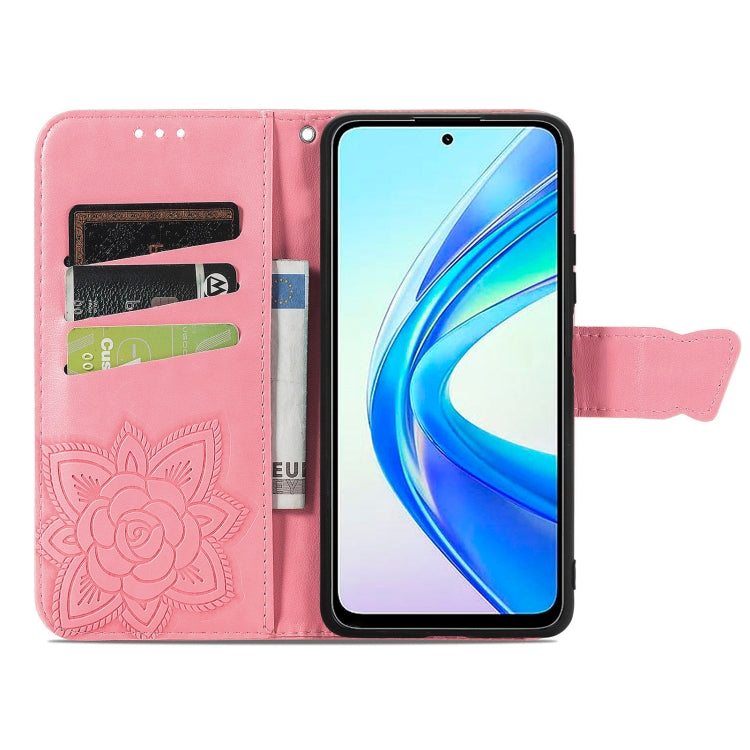 For Honor X7b Butterfly Love Flower Embossed Leather Phone Case(Pink)