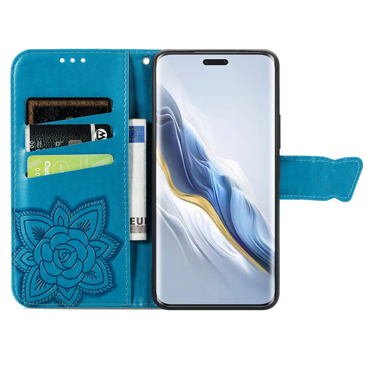 For Honor Magic6 Pro Butterfly Love Flower Embossed Leather Phone Case(Blue)