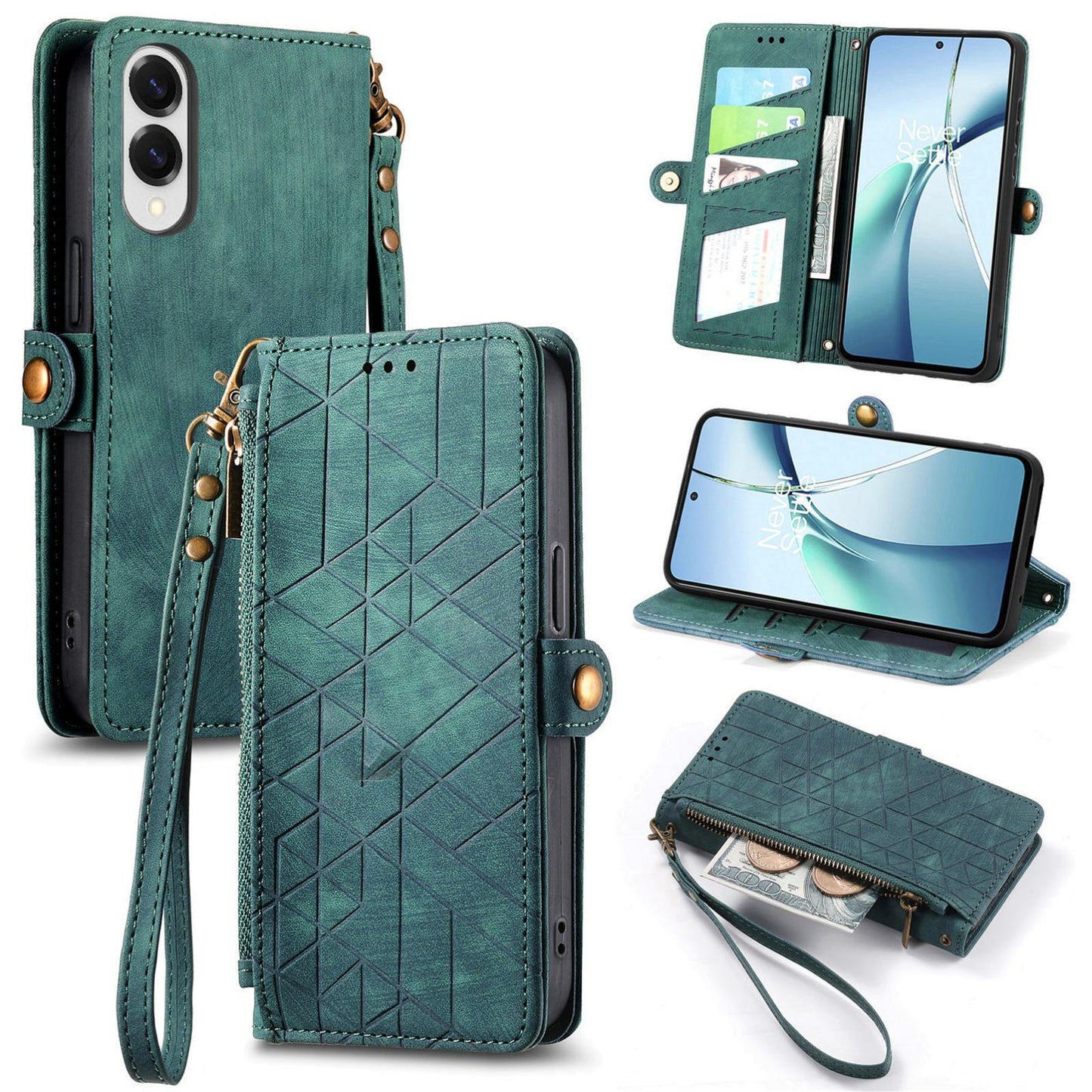 For Samsung Galaxy S25 Edge 5G Geometric Zipper Wallet Side Buckle Leather Phone Case(Green)