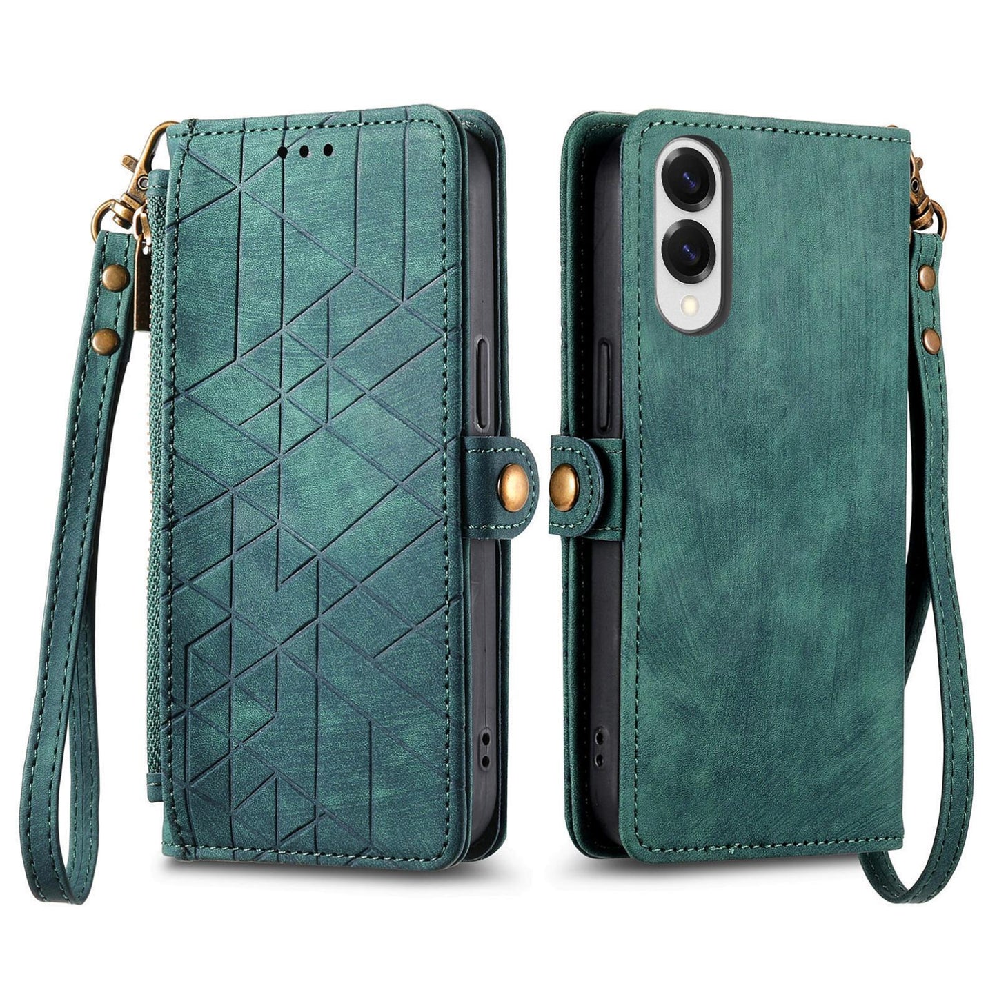 For Samsung Galaxy S25 Edge 5G Geometric Zipper Wallet Side Buckle Leather Phone Case(Green)