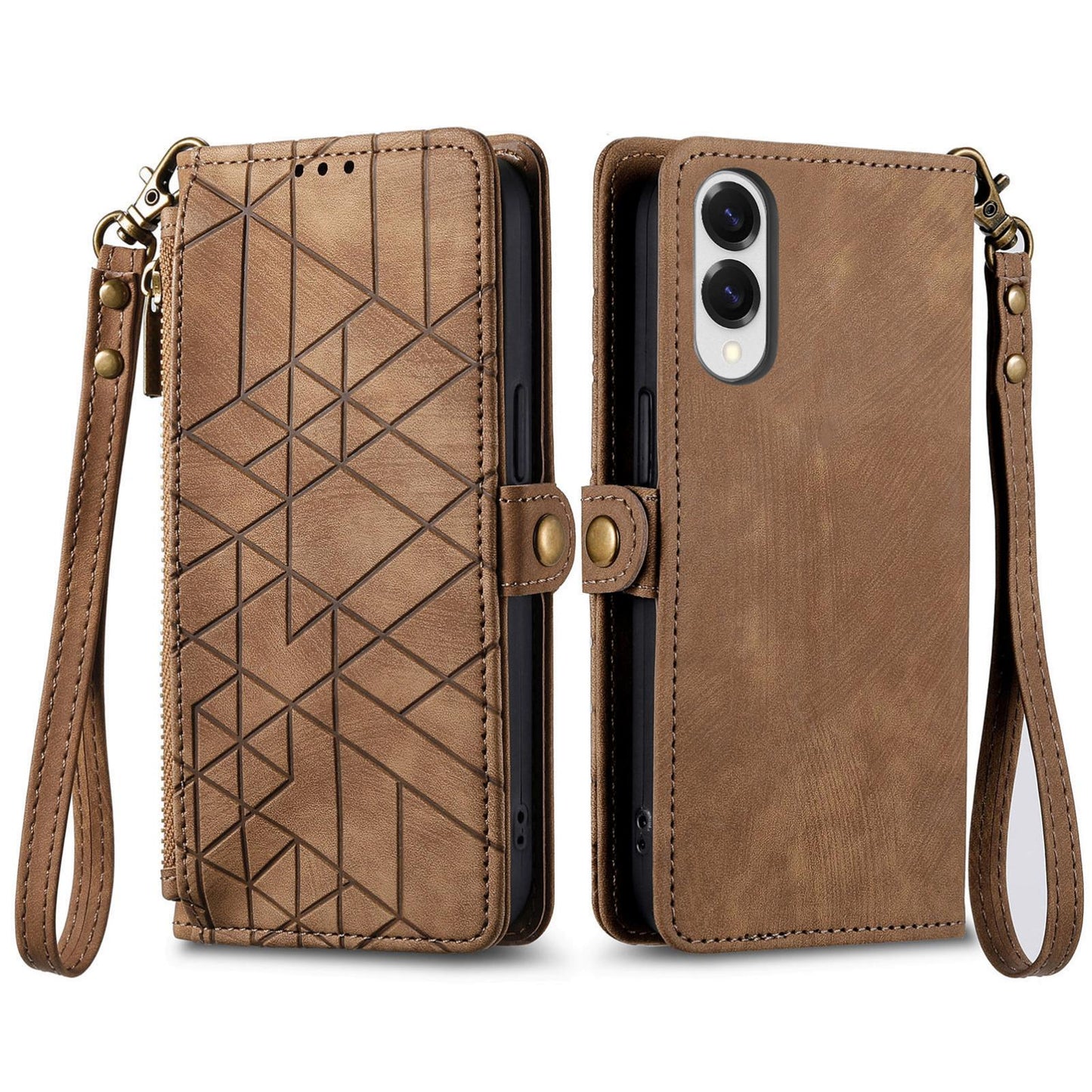 For Samsung Galaxy S25 Edge 5G Geometric Zipper Wallet Side Buckle Leather Phone Case(Brown)
