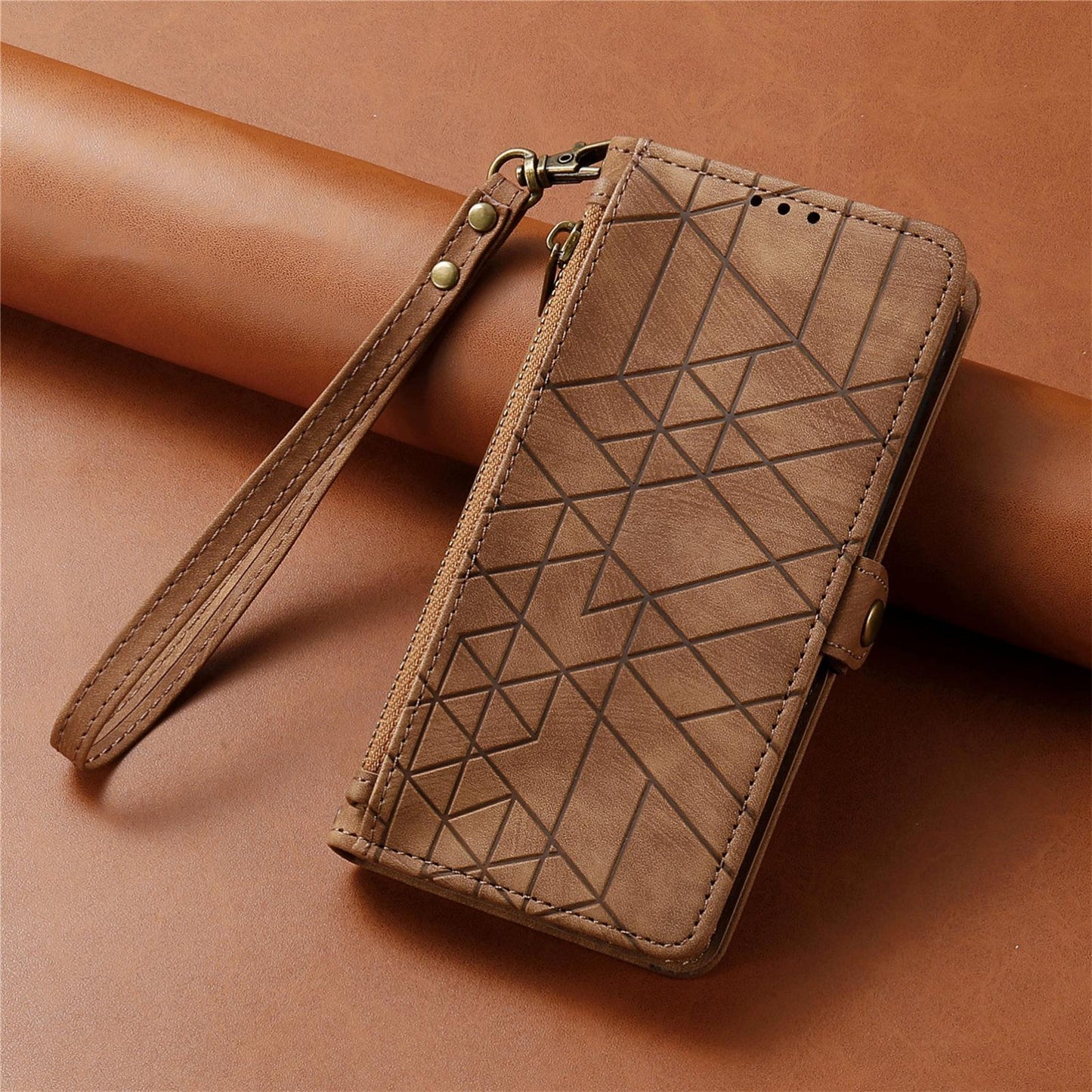 For Samsung Galaxy S25 Edge 5G Geometric Zipper Wallet Side Buckle Leather Phone Case(Brown)