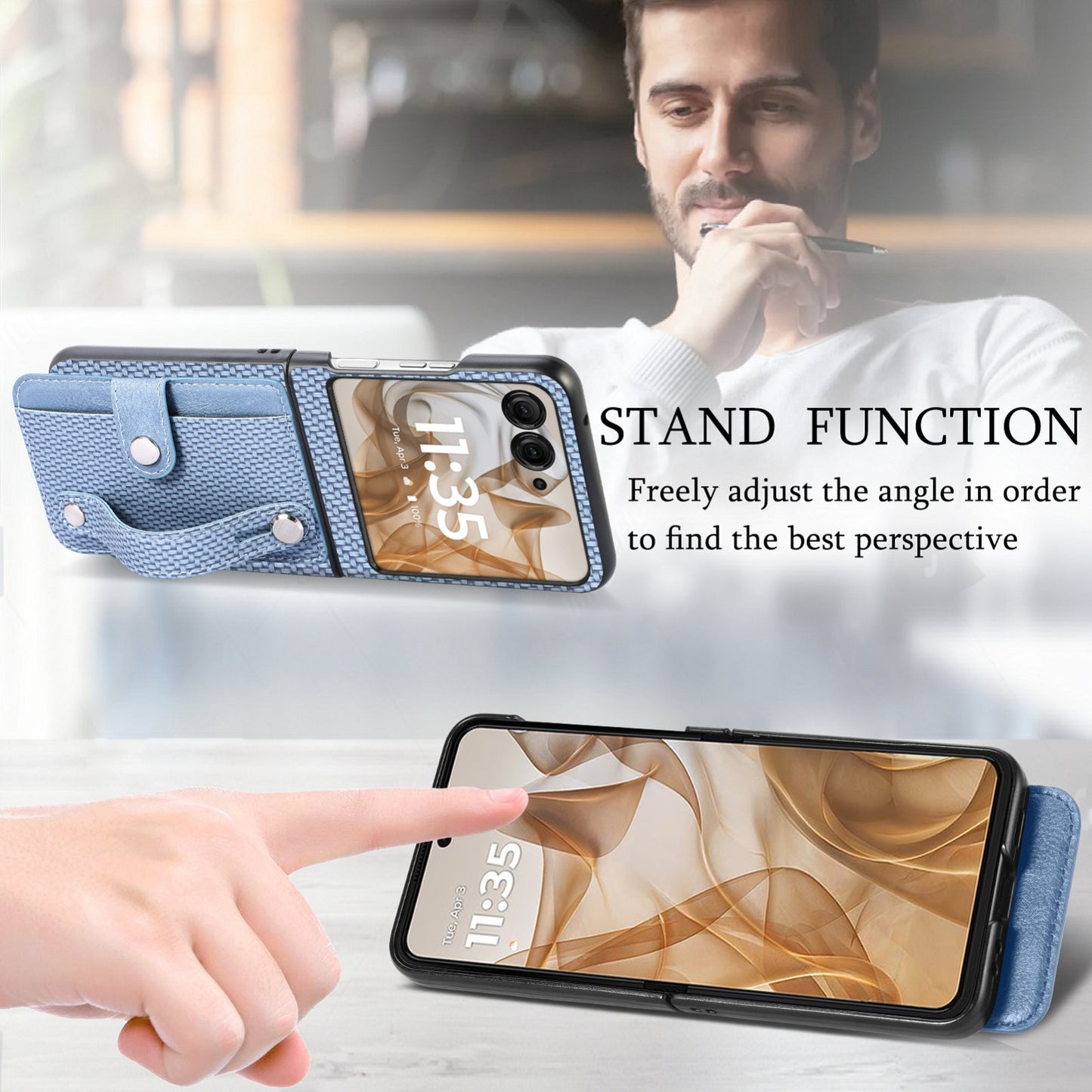 For Motorola Razr 50 Ultra Wristband Kickstand Card Wallet Back Cover Phone Case(Blue)