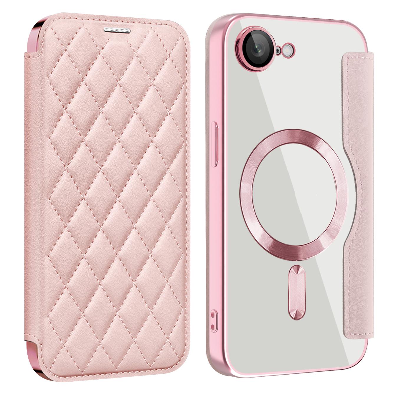 For iPhone 16e Shield Magsafe RFID Anti-theft Rhombus Leather Phone Case(Pink)