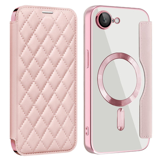 For iPhone 16e Shield Magsafe RFID Anti-theft Rhombus Leather Phone Case(Pink)